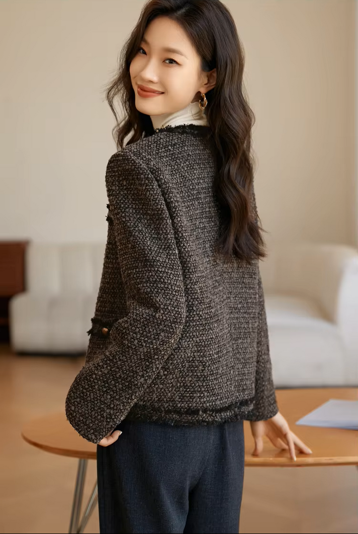 Women's Black Leather Jacket | Tweed Trim Button Front