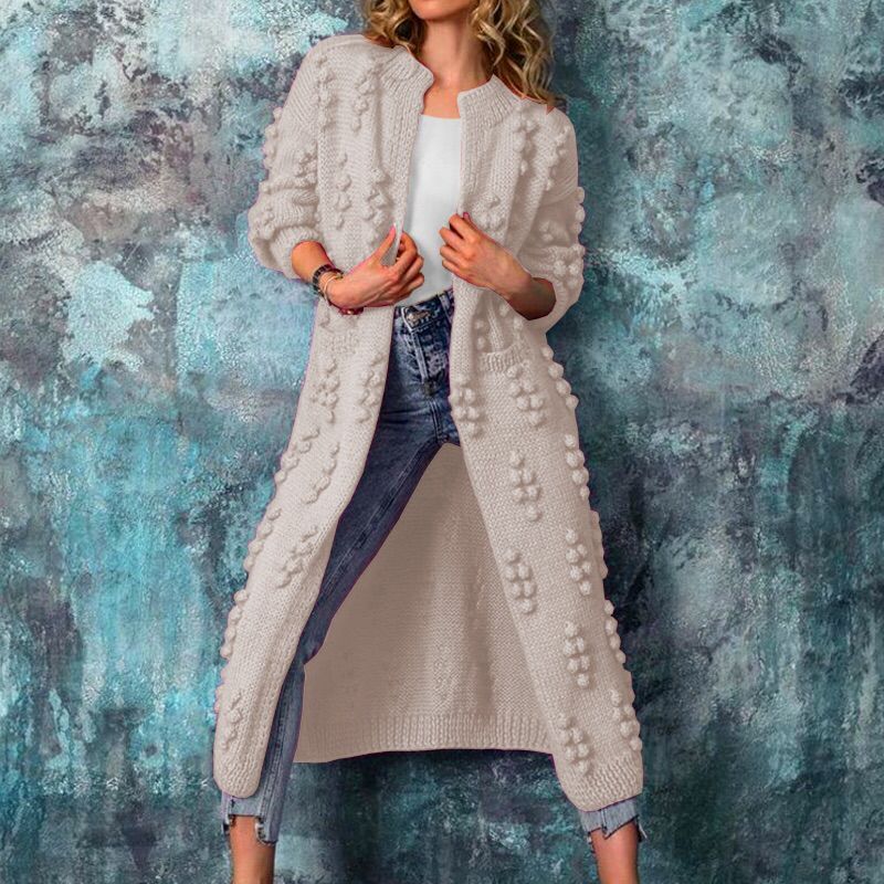 Women's Cardigan Sweater | Long Cable Knit Pom Pom