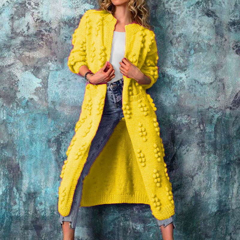 Women's Cardigan Sweater | Long Cable Knit Pom Pom