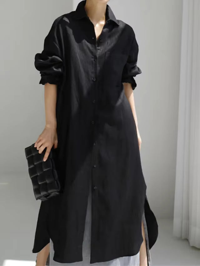 Women's Shirt Dress | Maxi Black Long Sleeve Button Front